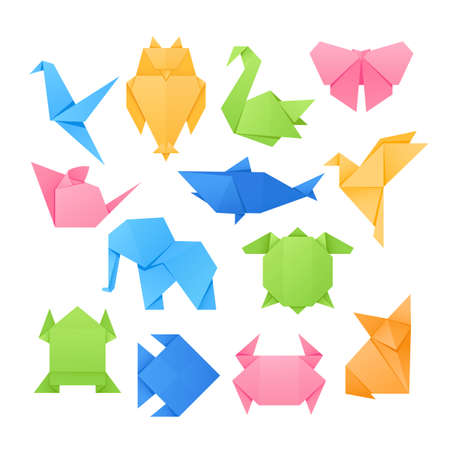 Set of Origami Animals, Crane, Owl, Swan and Butterfly, Mouse, Shark and Elephant. Turtle, Crab, Fish and Fox Charactersのイラスト素材
