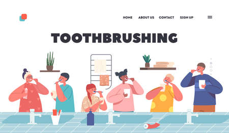 Toothbrushing Landing Page Template. Happy Kid Characters Brush Teeth. Children Dental Care, Oral Hygiene in Bathroomのイラスト素材