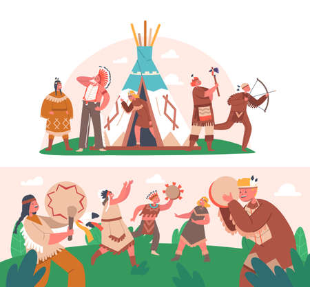 Kids in Native Indian Costume and Feathered Headdress. Characters Playing American Indians on Field, Run and Foolingのイラスト素材