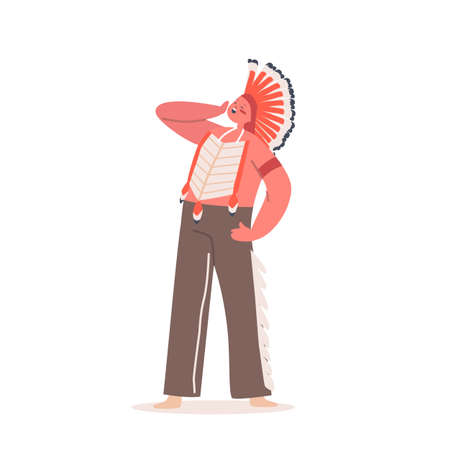 Indian Boy in National Costume and Feathered Headwear Yelling like and American Indian. Child in Traditional Dressのイラスト素材