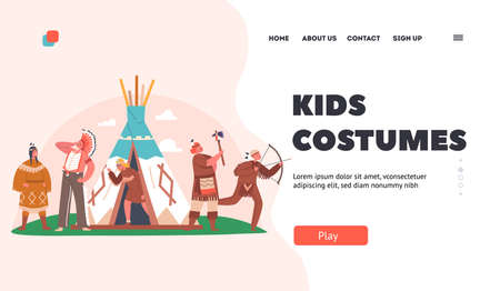 Kids Costumes Landing Page Template. Kids Playing American Indians. Funny Boys and Girls Wearing Native Indian Suitsのイラスト素材