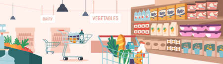 Grocery Supermarket Interior With Full Product Shelves and Shopping Trolleys. Retail, Merchandising and Consumerismのイラスト素材