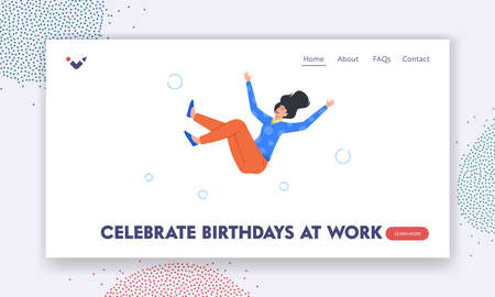 Celebrate Birthday at Work Landing Page Template. Happy Woman Toss Up with Colleagues in Air. Positive Female Characterのイラスト素材