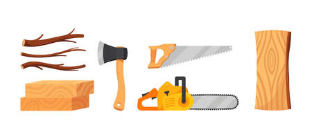 Set of Lumberjack Tools, Tree Branches, Wooden Planks and Log, Timbers and Woodcutter Instruments Chainsaw, Saw, Axeのイラスト素材