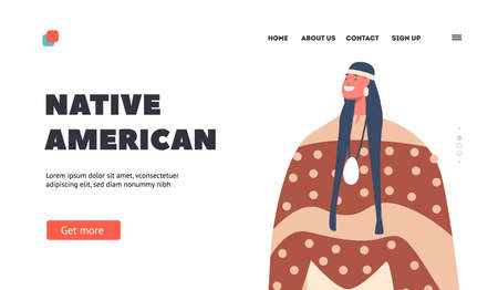Native American Landing Page Template. Indigenous Indian Female Character with Pigtails. Person in Tribal Dressのイラスト素材