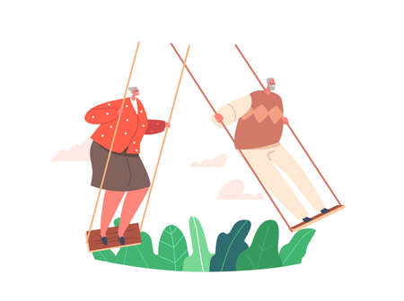 Old Man and Woman Race on Swing, Grandmother and Grandfather Summer Outdoor Activity. Elderly Couple on Flip-Flapのイラスト素材