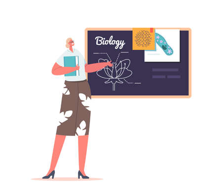 Teacher with Textbook Stand at Blackboard Teach Biology Lesson, Education Concept. Young Woman Wear Formal Dressのイラスト素材