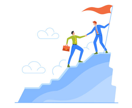 Business Leader Character Help Colleague Climb to Top of Mountain with Hoisted Red Flag, Businessman Help Teammateのイラスト素材