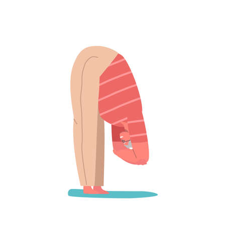 Elderly Female Character Stand in Bent Yoga Pose, Old Woman Healthy Lifestyle, Relax, Emotional Balance, Flexibilityのイラスト素材