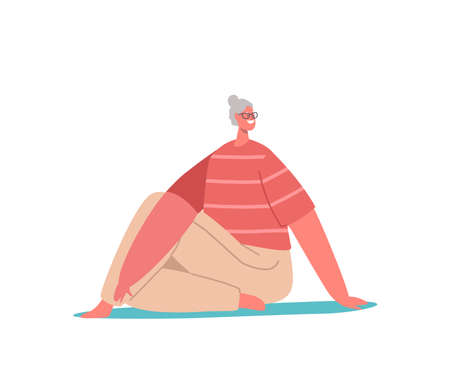 Senior Female Character in Sportswear Engage Yoga Practice Sitting om Mat in Asana Pose Isolated on White Backgroundのイラスト素材