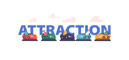 Bumper Car Attraction Concept Children Having Fun in Amusement Park Riding Dodgem Carts. Kids Recreation Activityのイラスト素材