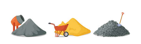 Construction And Building Materials Icons. Concrete Mixer, Pile Of Cement, Trolley With Sand And Gravel with Shovelのイラスト素材