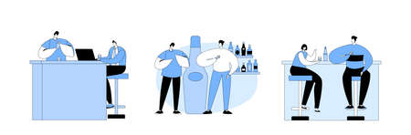 Bar Recreation Concept. People Visiting Pub, Couple Drinking Alcohol on Counter Desk, Businessman Work on Laptop, Friendsのイラスト素材