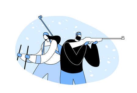 Biathlon Competition. Sportsmen Aiming and Shooting with Rifles to Target on Standing Position Passing Routeのイラスト素材