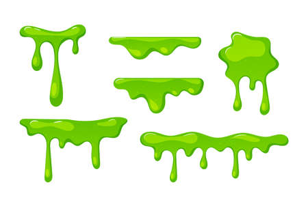 Set Of Dripping Green Slime Textures, Border And Spots Isolated Elements On White Background, Falling Syrup Dropsのイラスト素材