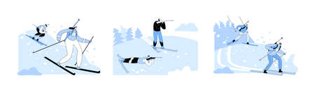 Set Biathlon Tournament World Cup Competition. Male and Female Characters on Rout Skiing and Shooting by Targetsのイラスト素材