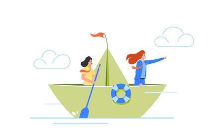 Business Women Sailing On Paper Boat. Business Team Overcomes Difficulties And Risks. Visionary Leading Team, Teamworkのイラスト素材