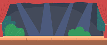 Theater Stage With Red Curtains, Spotlights And Bushes. Theatre Interior With Empty Wooden Scene,...