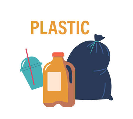 Plastic Garbage Isolated on White Background. Disposable Cup, Sack and Bottle Wastes. Litter...