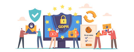 Privacy Data Protection in Internet, Virtual Private Network Concept. Tiny Characters at Huge Computer with GDPR Shieldのイラスト素材