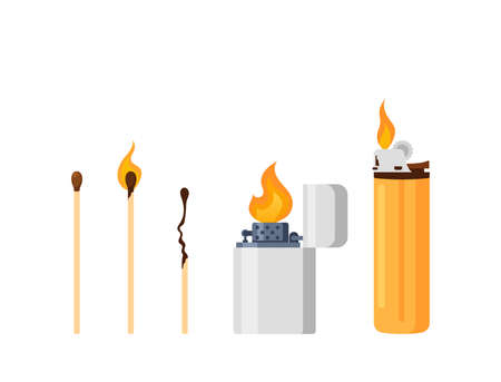 Matches and Lighters Isolated On White Background. Items for Smoking and Making Fire. Flammable Tools, Matchsticksのイラスト素材