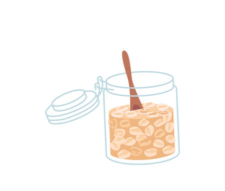 Oatmeal Or Granola Flakes In Glass Jar With Wooden Spoon Isolated On White Background. Healthy Cereal Breakfast Iconのイラスト素材
