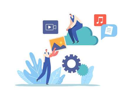 Data Storage, Recovery and Backup Concept. Workers Characters Restore Media Files into Cloud Storage...