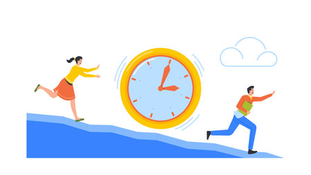 Deadline, Stress, Working Productivity Concept. Business Characters with Documents Trying to Escape from Huge Clockのイラスト素材