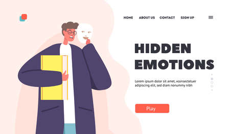 Hidden Emotions Landing Page Template. Depressed Anonymous Man, Hide Face under Happy Smiling Mask. Imposter Syndromeのイラスト素材