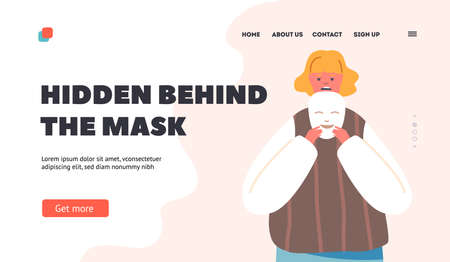 Hidden Behind the Mask Landing Page Template. Dishonesty, Liar, Fake Emotions Concept. Depressed Anonymous Womanのイラスト素材