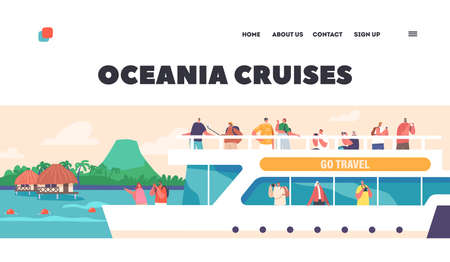Oceania Cruises Landing Page Template. People On Cruise Liner Deck with Seascape View, Tropical Nature and Dwellingsのイラスト素材