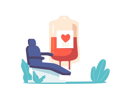 Blood Donation, Volunteer Save Life Foundation Concept with Medical Chair, Plastic Bags with Lifeblood and Red Heartのイラスト素材