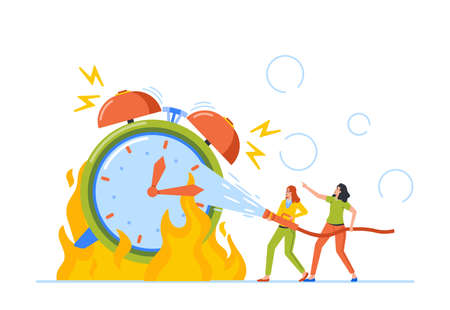 Deadline, Overtime, Time is Over Concept. Tiny Female Character Extinguish Huge Burning Alarm Clock with Ringing Bellのイラスト素材