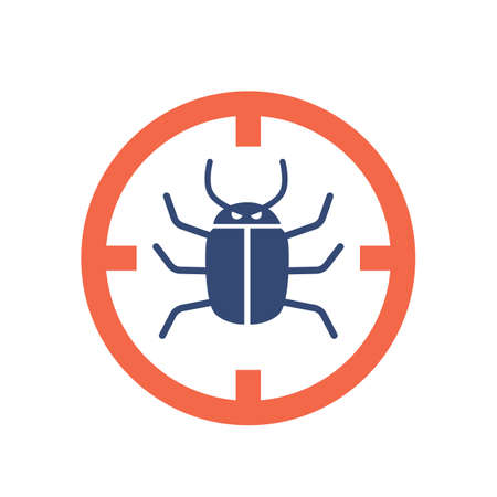 Bug inside of Red Circle Isolated on White Background. Hacker Attack, Virus, Malware Attention, Pest Control Symbolのイラスト素材