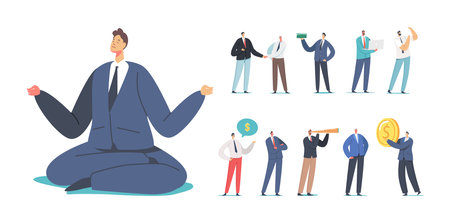 Set of Businessmen Characters Isolated on White Background. Men Shaking Hands, Showing Muscles, Speaking of Moneyのイラスト素材