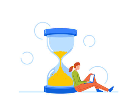 Tiny Businesswoman Character Sitting at Hourglass with Laptop in Hands. Business Process Concept, Time Management, Workのイラスト素材