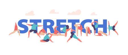 Stretch Concept, Senior Male And Female Characters Practice Yoga And Stretching. Elderly People Active Healthy Lifestyleのイラスト素材