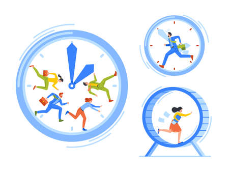 Time as Valuable Life Resource Concept. Hurrying Businessman Running Fast in Huge Alarm Clock Hurry at Workのイラスト素材