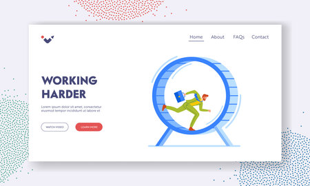 Looping Life and Daily Routine Landing Page Template. Tired Business Man Running inside of Huge Hamster Wheelのイラスト素材