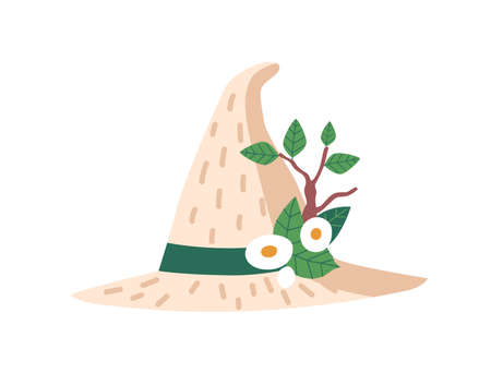 Witch Hat Isolated Icon, White Magician Headwear With Green Hatband And Tree Branch With Green Leaves And Flowersのイラスト素材