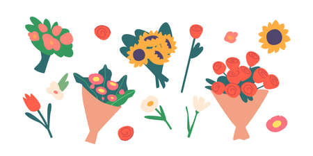 Set of Flower Bouquets Isolated on White Background. Beautiful Blossoms Icons, Floristic Store Composition, Giftsのイラスト素材