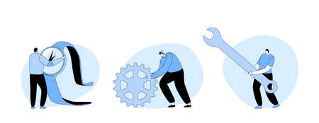 Tiny Characters with Huge Repair Tools and Instruments Fixing Broken Clocks and Watches. Men Holding Huge Cogwheelのイラスト素材
