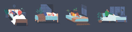 Set Male or Female Characters Lying with Smartphones in Bed at Night. Mobile Phone and Gadget Addiction, Family Problemのイラスト素材
