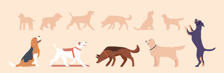 Set Cute Dogs of Different Breeds, Isolated Pets, Group of Domestic Animals Walking, Sitting, Jumping and Playingのイラスト素材