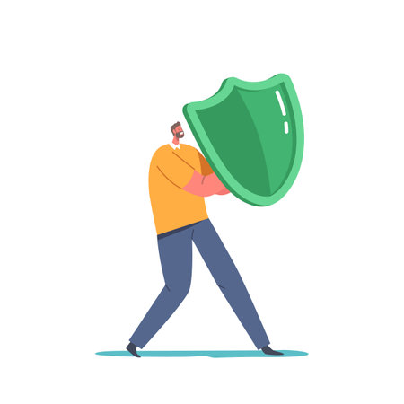 Man Holding Shield Covering From Cyber or Virus Attack. Data Base Protection, Health, Life or Business Insurance Conceptのイラスト素材