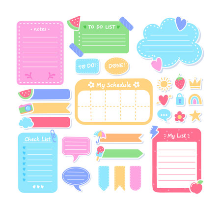 Cartoon Task Planners, Cute Paper Sticky Notes, Banners, To Do List Or Memo Message Notepads Paper Sheets, Schedulesのイラスト素材