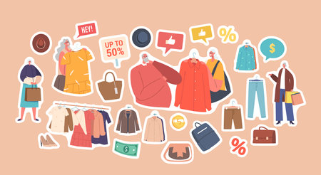 Set of Stickers Senior People Choosing Fashioned Dress in Store, Aged Man and Woman Buying Garment, Hanger with Clothesのイラスト素材