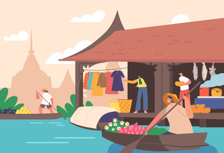 People Sell and Buy Goods on Floating Market in Thailand. Male and Female Characters Moving on Boats by Riverのイラスト素材