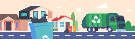 Rubbish Collection Municipal Service. Garbage Truck Clean Waste In City, Car Trash Collector Riding On Suburb Streetのイラスト素材
