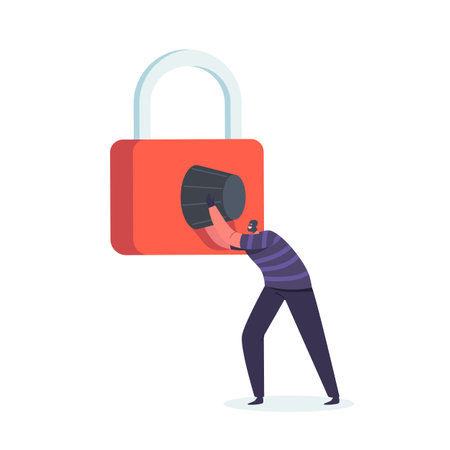 Tiny Robber in Mask Destroying Huge Safe Padlock. Robbery, Cyber Crime, Hacker Attack Concept. Hacker or Intruderのイラスト素材